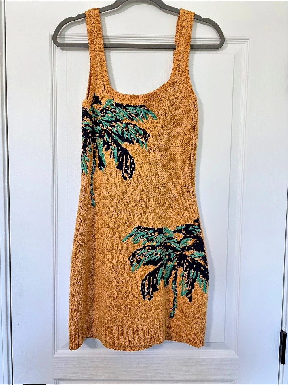 Anthropologie Palm Tree Knit Midi Dress Orange & Blue Size Medium Like New